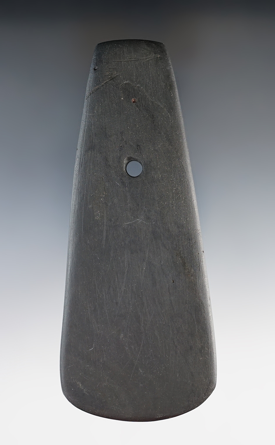 5 1/8" Hopewell Trapezoidal Pendant made from Mottled Slate. Found in Licking Co., Ohio. Pictured in