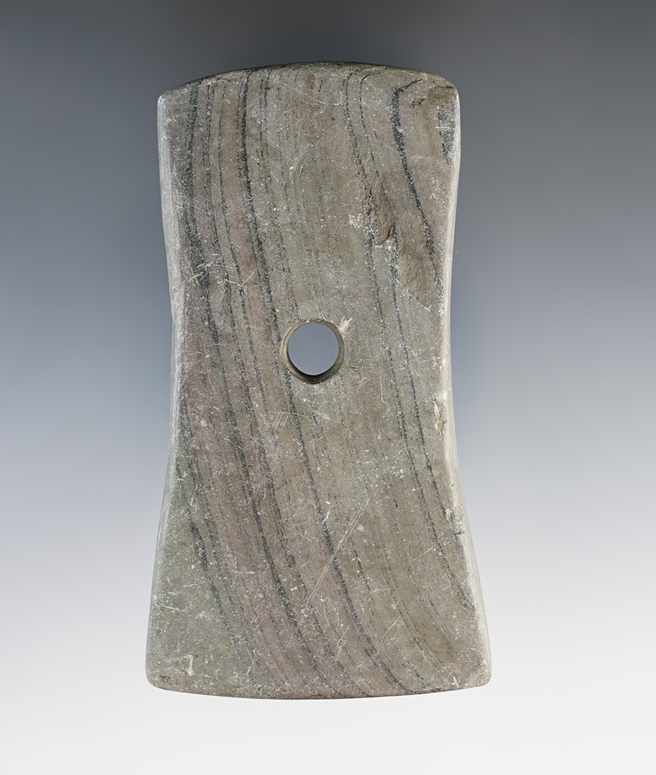 3 5/8" Adena Bell Pendant made from green and black Banded Slate. Seville, Medina Co., Ohio.