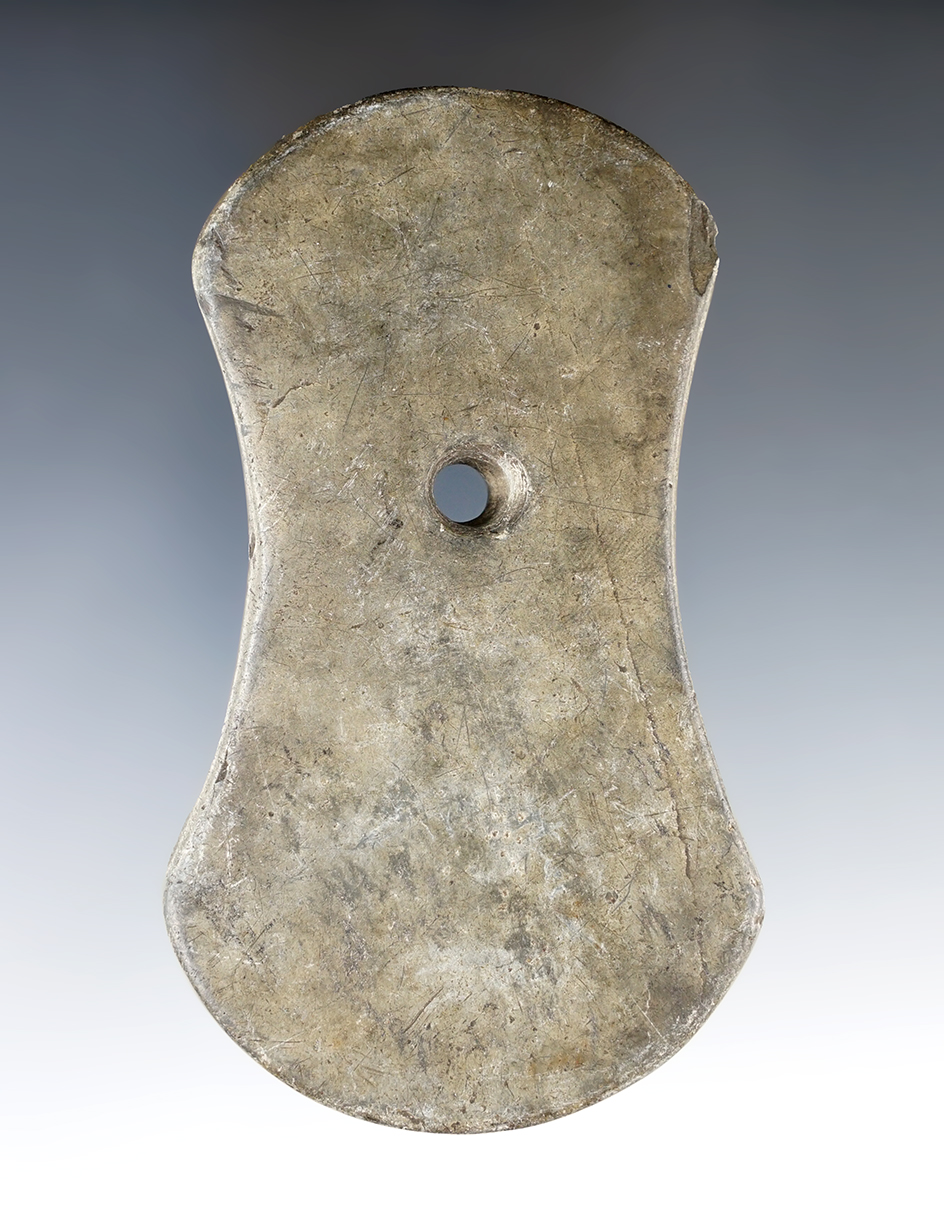 4 1/16" Adena Bi-Concave Pendant made from Mottled Slate. Found in Ohio. Ex. Gilbert Dilley Collecti