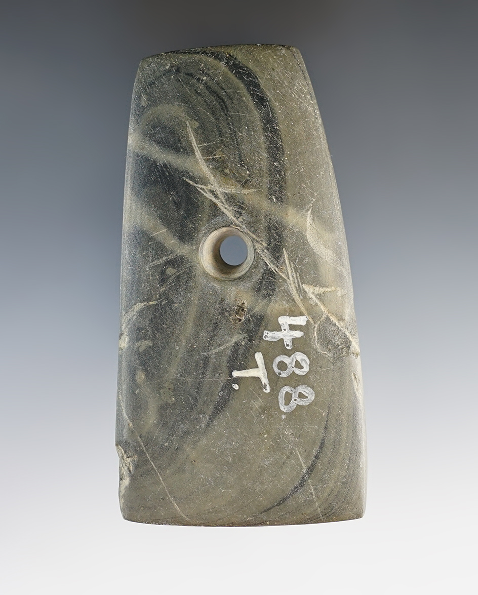 3 5/8" Adena Trapezoidal Pendant made from green and black Banded Slate. Richland Co., Ohio. 2 COA's