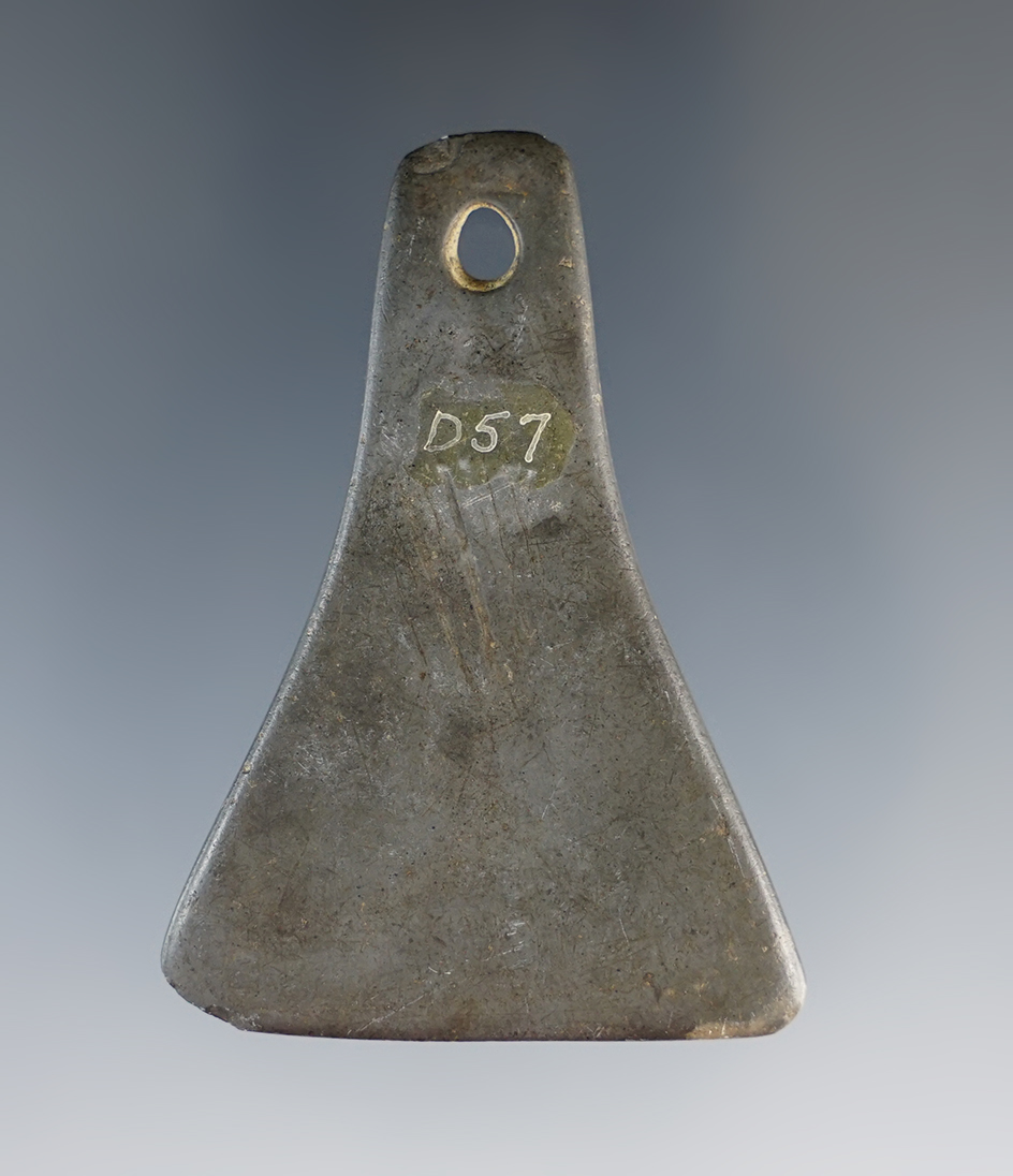 Miniature 2 1/8" Mississippian Bell Pendant made from green Slate. Found in Hardin Co., Ohio.