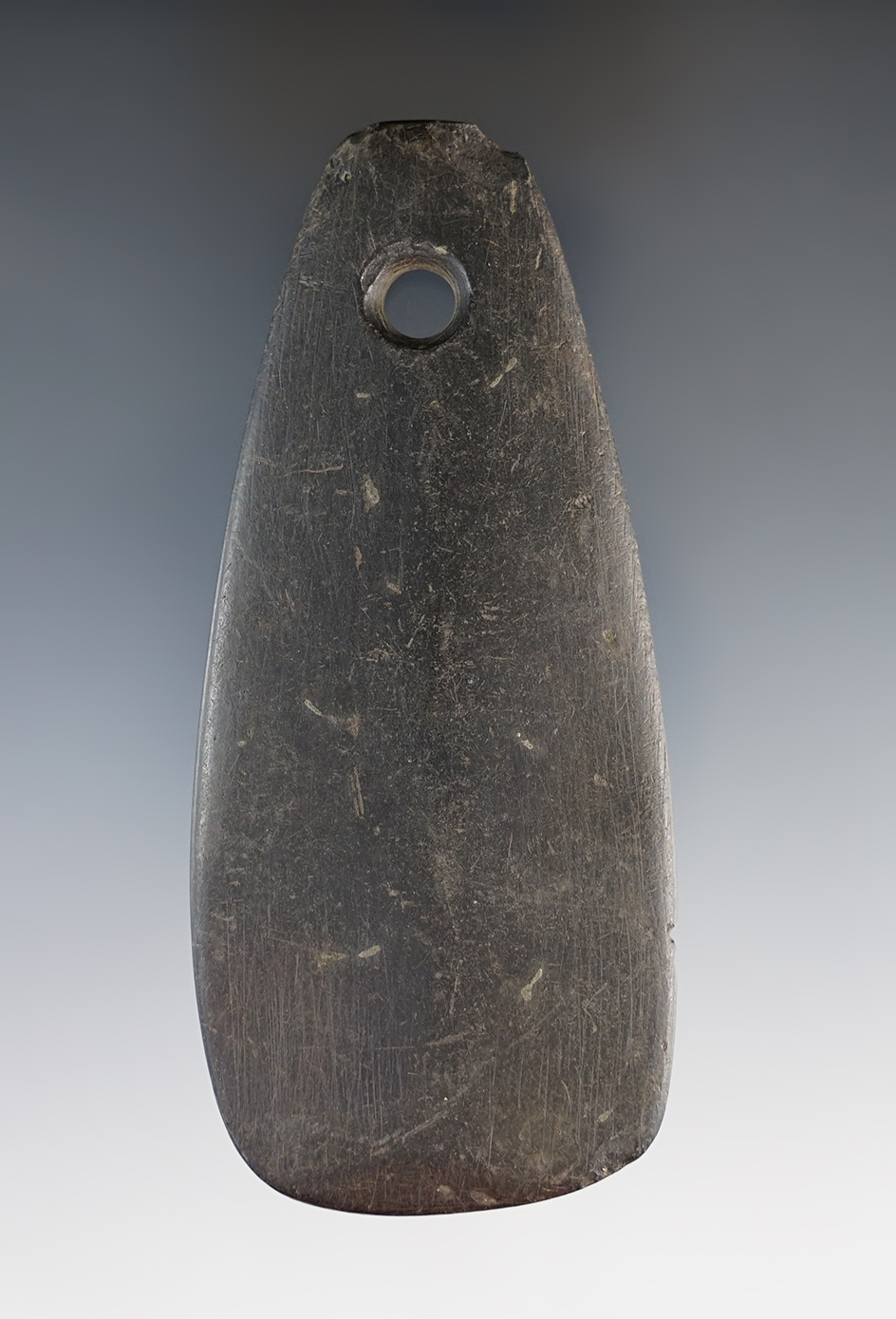 3 15/16" Hopewell Trapezoidal Pendant made from black Slate. Found by Jeff Schmidt in Medina Co., OH