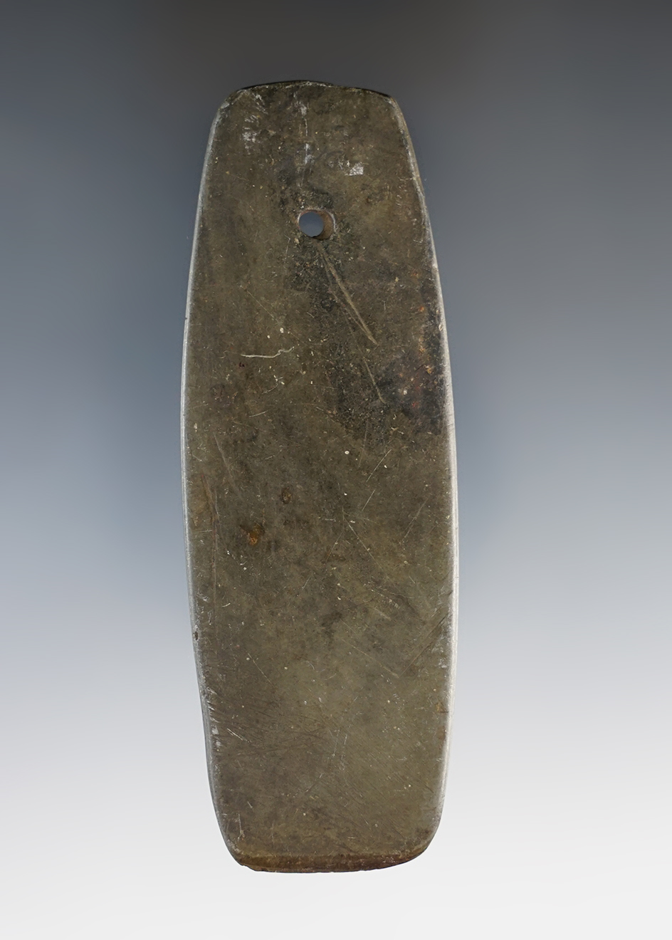 3 15/16" Hopewell Trapezoidal Pendant made from green and black Mottled Slate. Preble Co., Ohio.