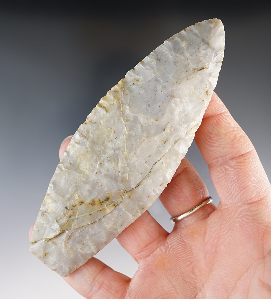 4 11/16" Paleo Lanceolate made from Flint Ridge Flint. Found on the Kinsler Farm in Marion Co., Ohio