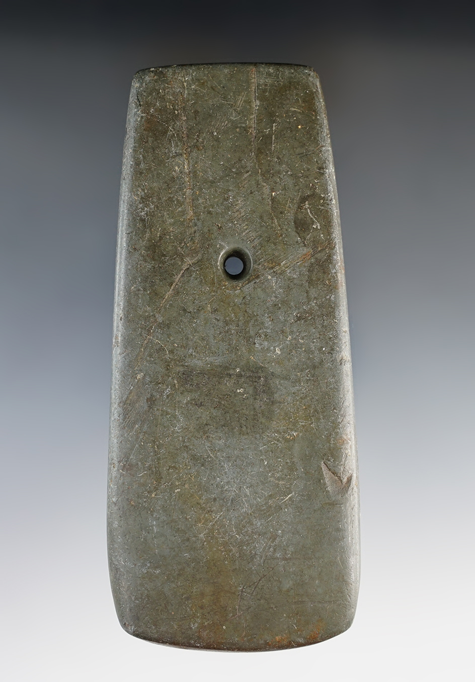 4 3/4" Adena Trapezoidal Pendant made from Slate. Morrow Co., Ohio. Ex. Don Beer, Jack Hooks.