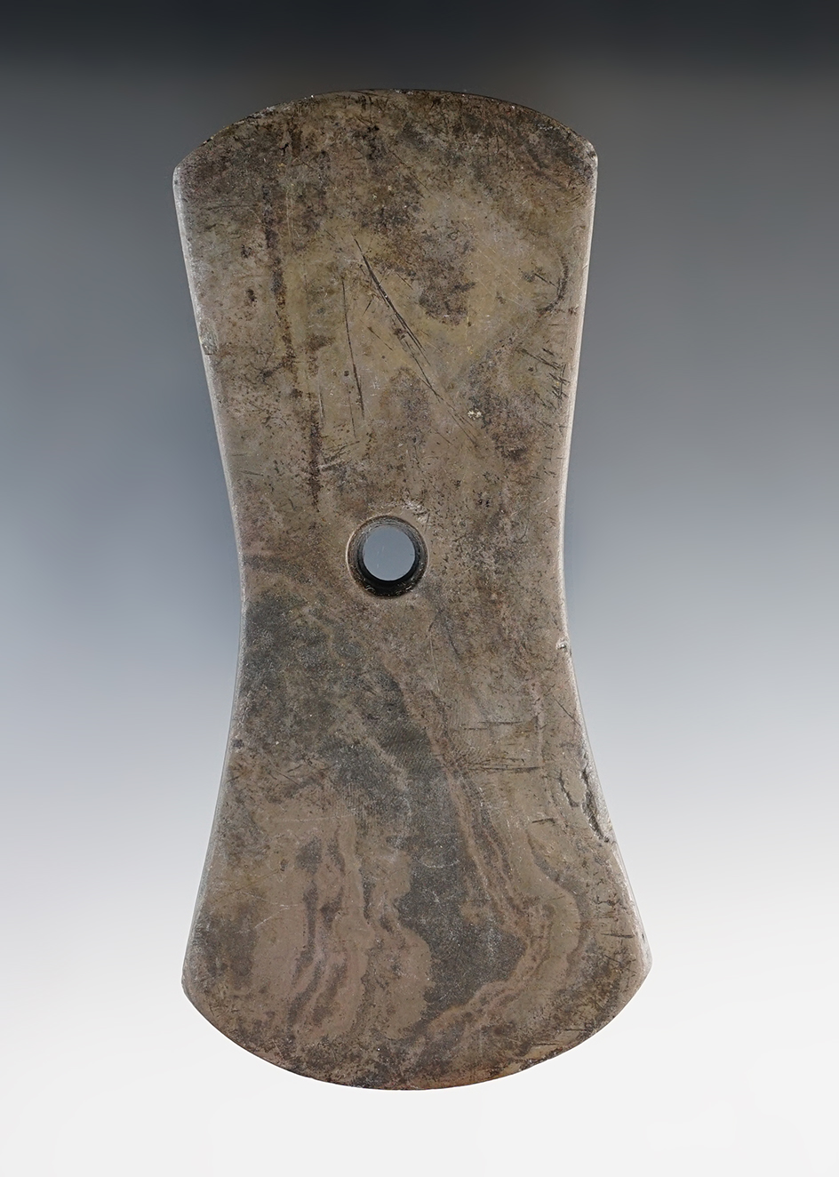 5 3/16" Adena Bi-Concave Pendant made from Mottled Slate. Found in Huron Co., Ohio. Pictured!