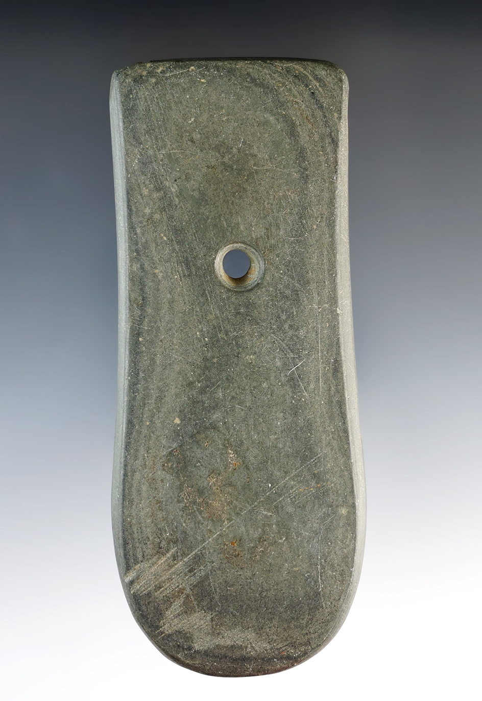 4 5/8" Adena Keyhole Pendant made from green and black Banded Slate. Found in Hancock Co., Ohio.