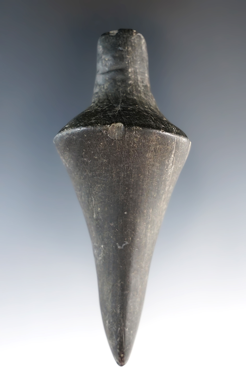 3 3/4" Glacial Kame Lizard Effigy made from Banded Slate. Found in Huntington Co., Indiana. Pictured