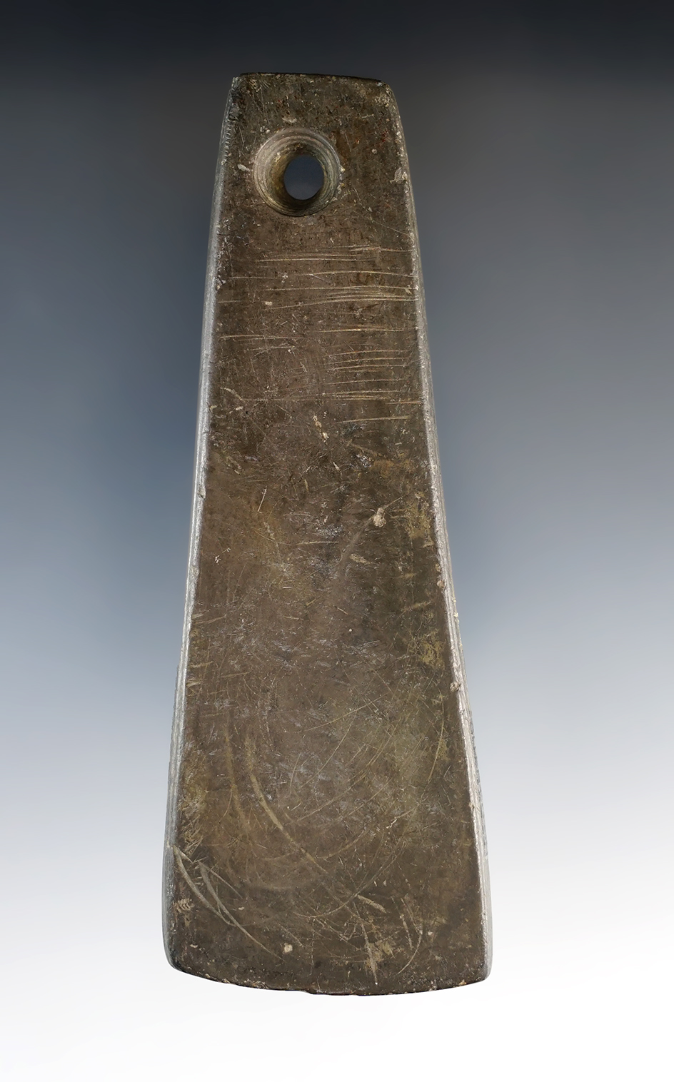 4 1/2" Adena Trapezoidal Pendant made from Slate. Found in Allen Co., Ohio. Ex. Lester Breininge.