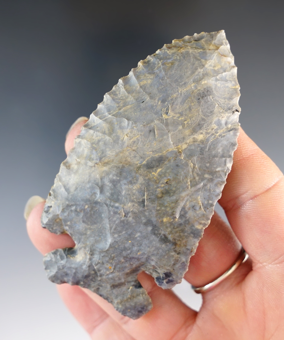 3 5/16" Archaic Thebes - Coshocton Flint, found in Tuscarawas Co., Ohio. Ex. Jim Hahn, Todd Harding.