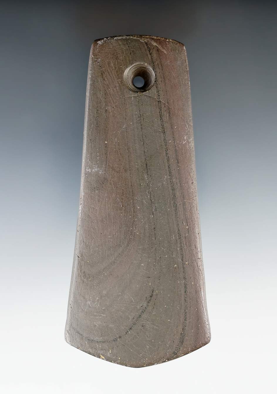 4 1/4" Adena Anchor Pendant made from Banded Slate. Found in Hancock Co., Ohio. Ex. Terry Elleman.