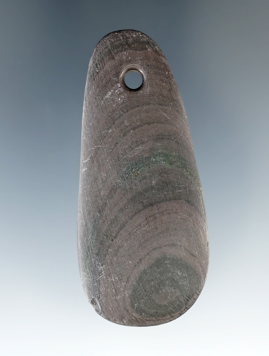 2 1/4" Ft. Ancient Miniature Pendant made from red and black Banded Slate. Found in Licking Co., Ohi