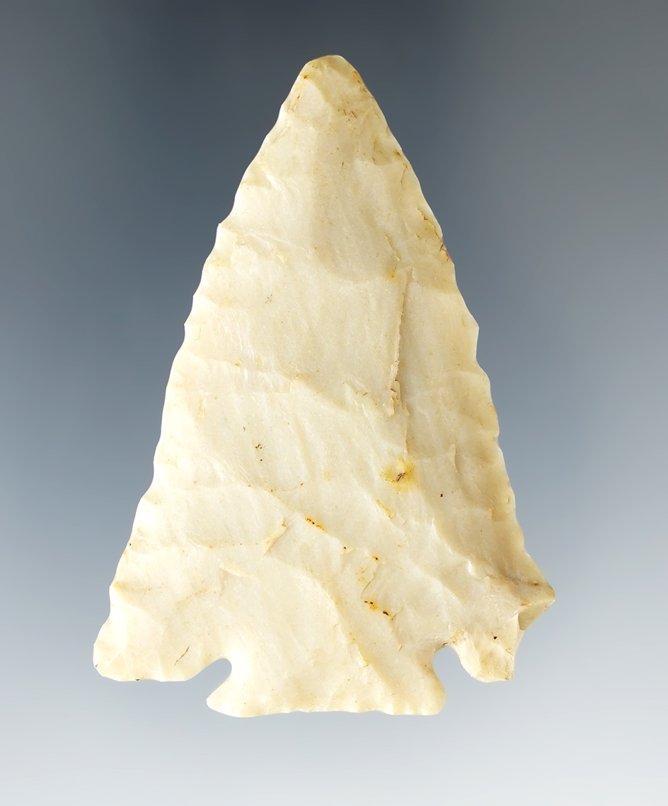 2 1/4" Archaic Decatur made from cream flint with restoration to one ear. Found in Warren Co., Ohio.