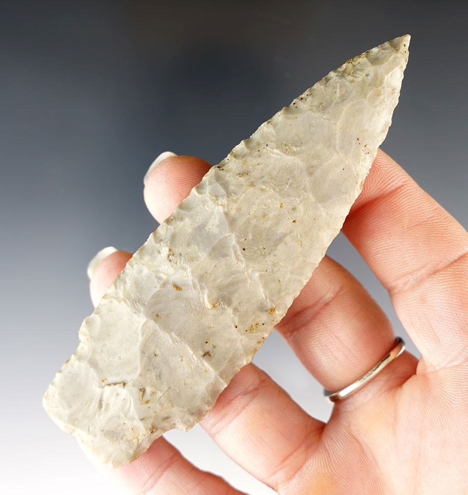 4 1/8" Paleo Stemmed Lanceolate made from cream and gray Chalcedony. Found in Licking Co., Ohio.
