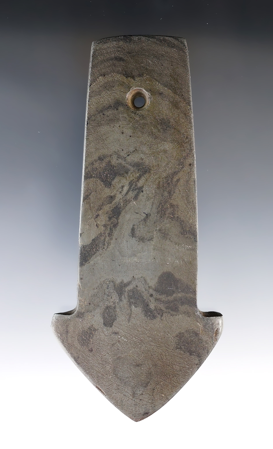 5 1/8" Adena Anchor Pendant made from Mottled Slate. Found in Delaware Co., Ohio. Ex. Anderson.