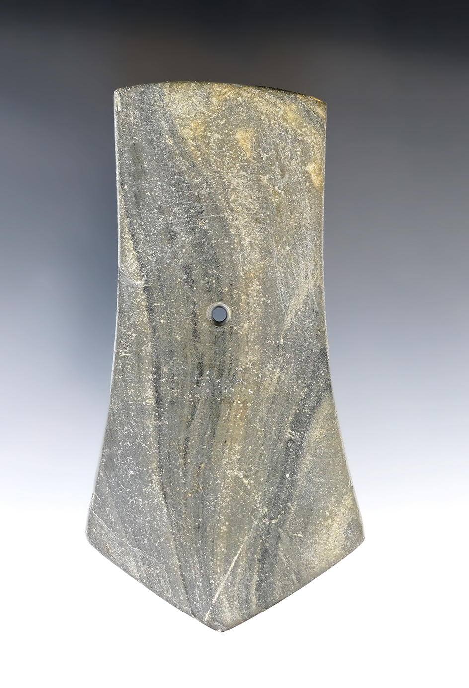 4 1/2" Hopewell Pentagonal Pendant made from green and black Banded Slate. Found in Lucas Co., Ohio.