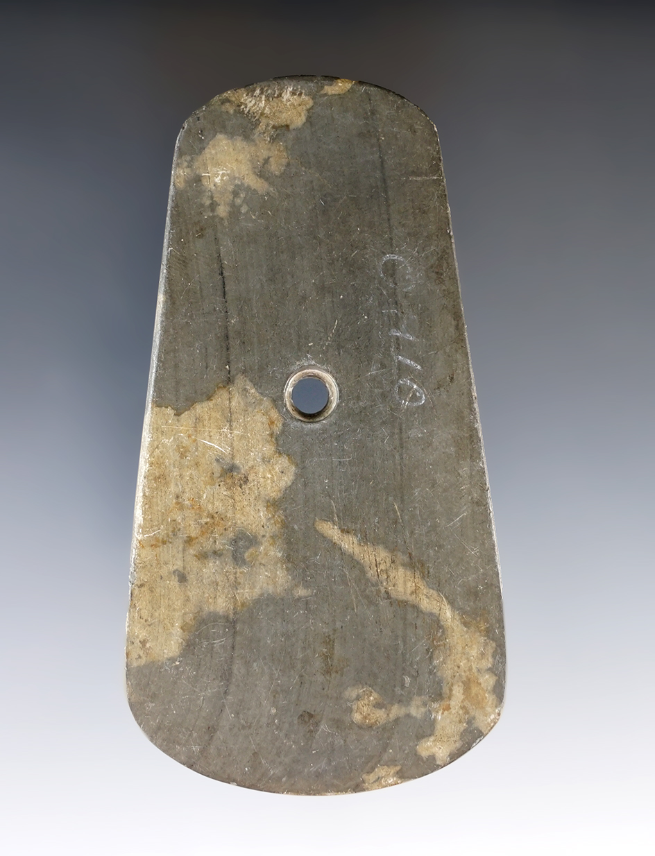 3 7/8" Woodland Trapezoidal Pendant with etching found in the 1950's in Northeast Ohio.