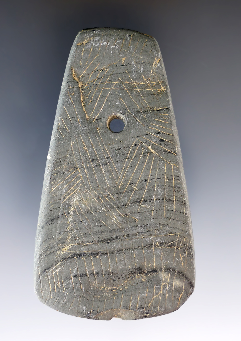 3 5/16" Hopewell Trapezoidal Pendant that is highly engraved. Found Defiance Co., Ohio.