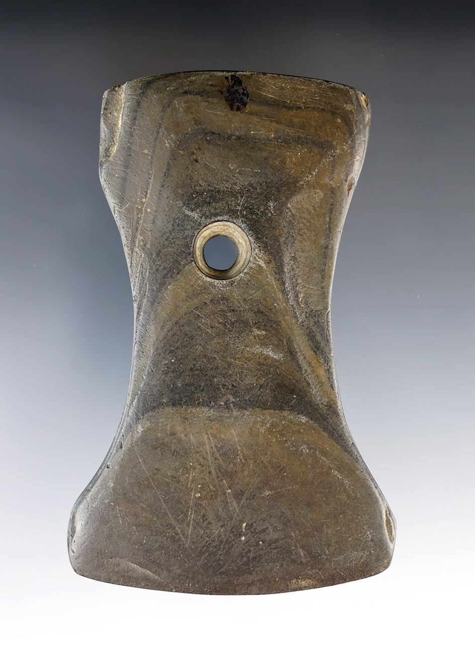 4 5/16" Adena Bi-Concave Pendant made from Banded Slate. Found in Huron Co., Ohio.