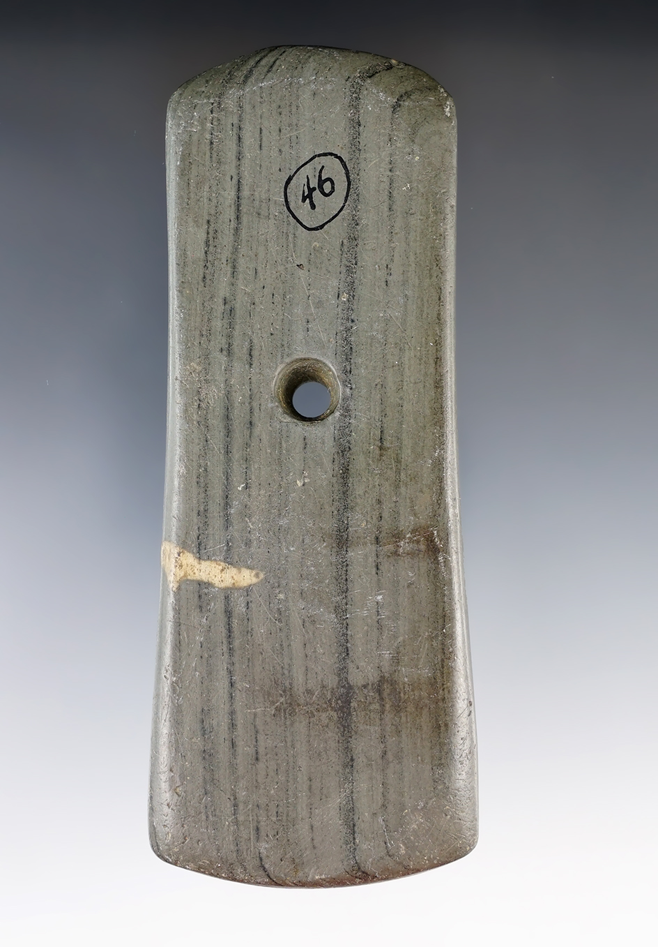 4 11/16" Adena Pendant made from green and black Banded Slate. Found in Butler Co., Ohio.