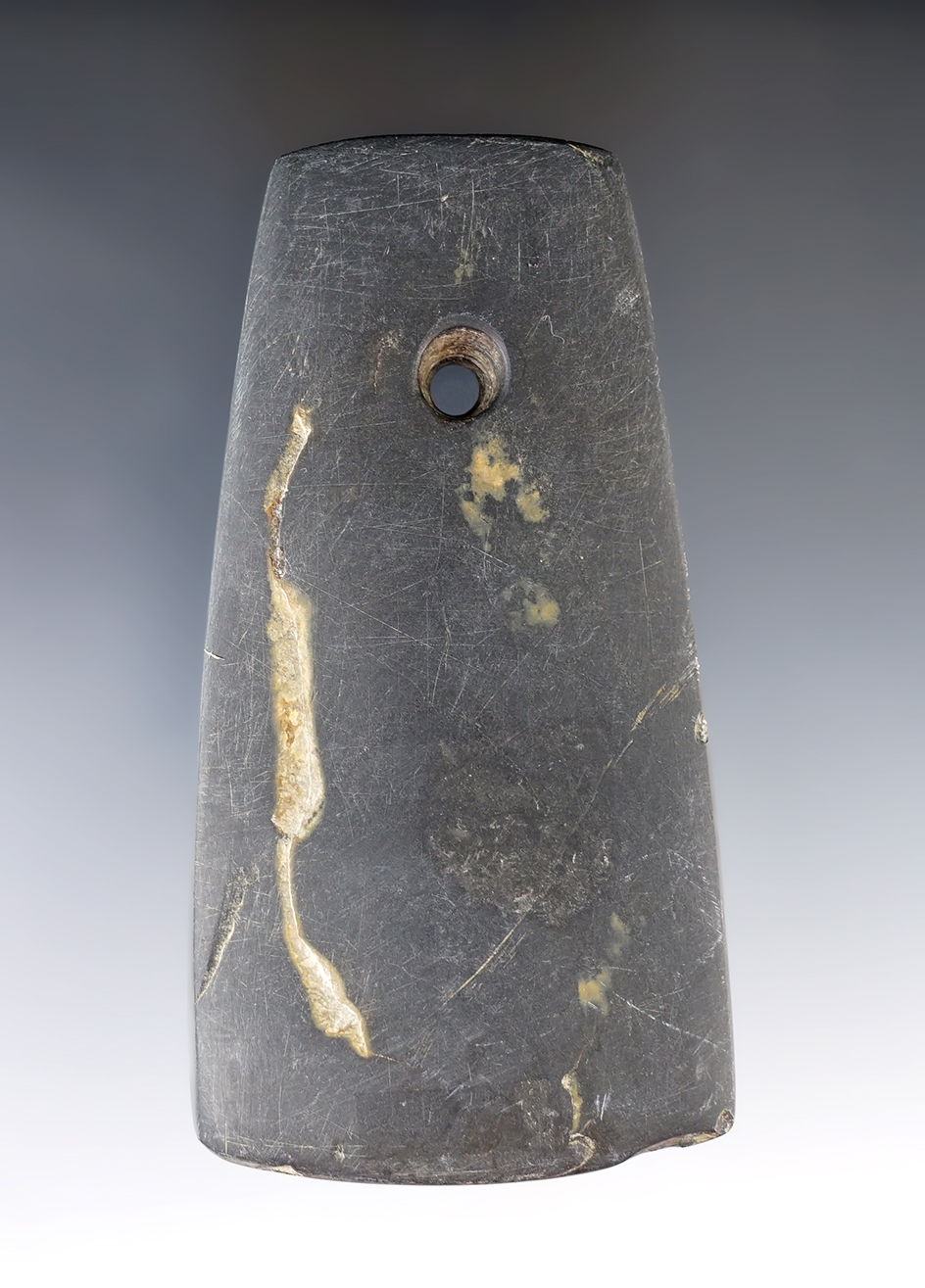 3 15/16" Adena Trapezoidal Pendant made from Banded Slate. Found in Ross Co., Ohio.