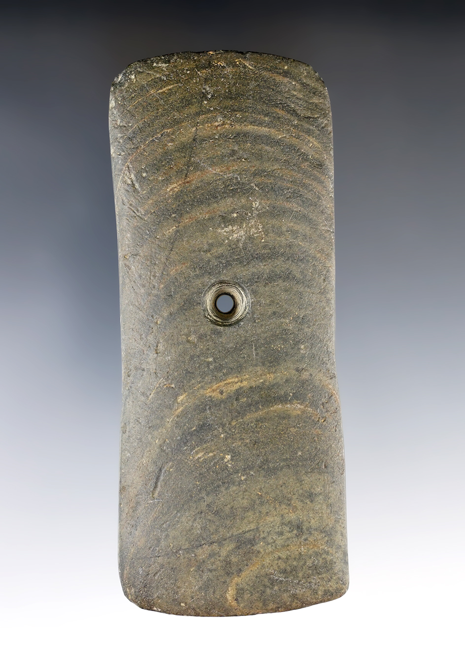 4 7/16" Adena Bi-Concave Pendant made from Banded Slate. Found in Crawford Co., Ohio.