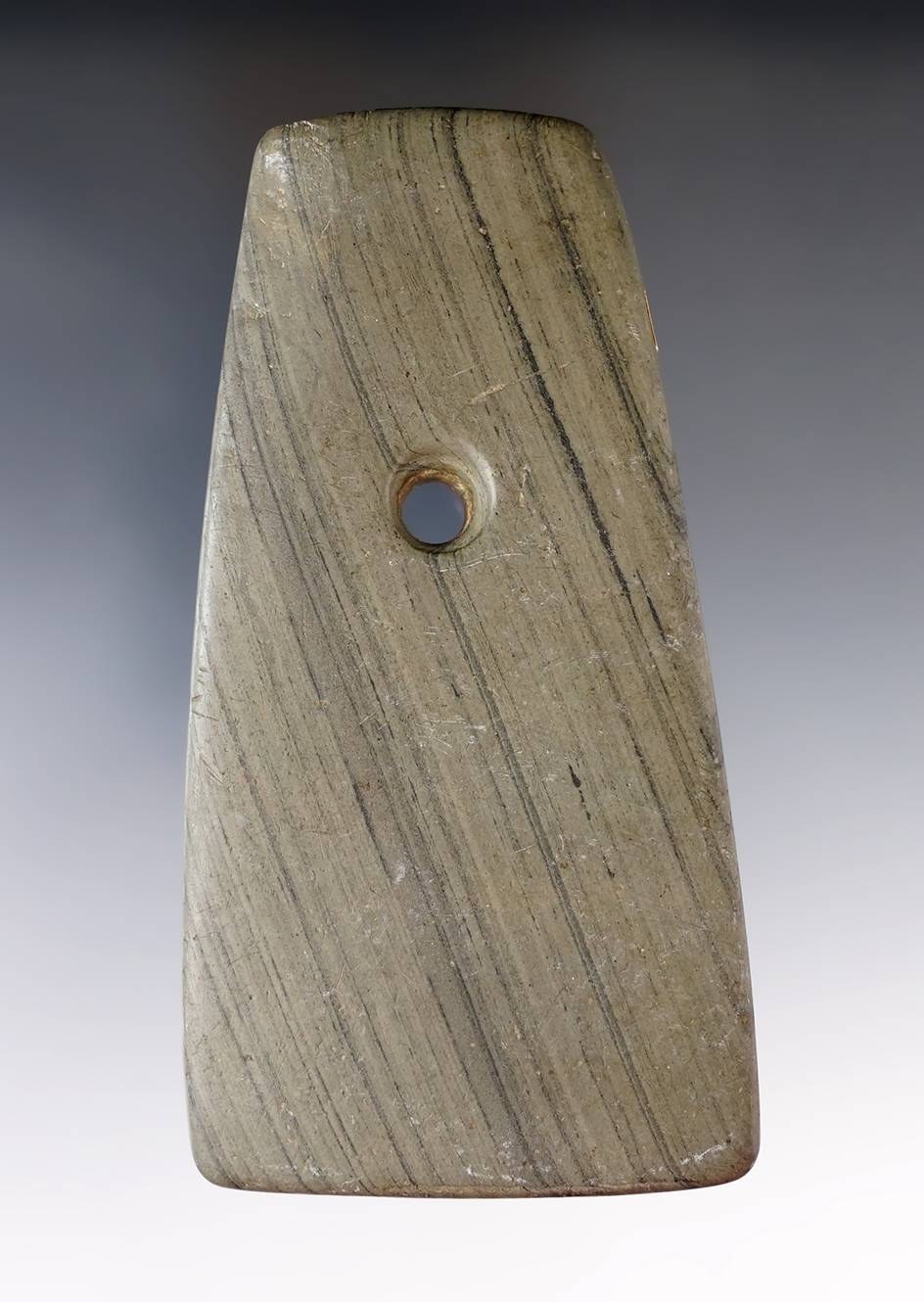 4 1/2" Adena Trapezoidal Pendantfound in Hamilton Co., Ohio. Ex. Marvin Parker Collection.