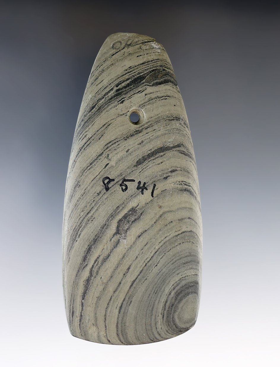 4 1/8" Hopewell Trapezoidal Pendant made from green and black Banded Slate. Found in Ross Co., Ohio.