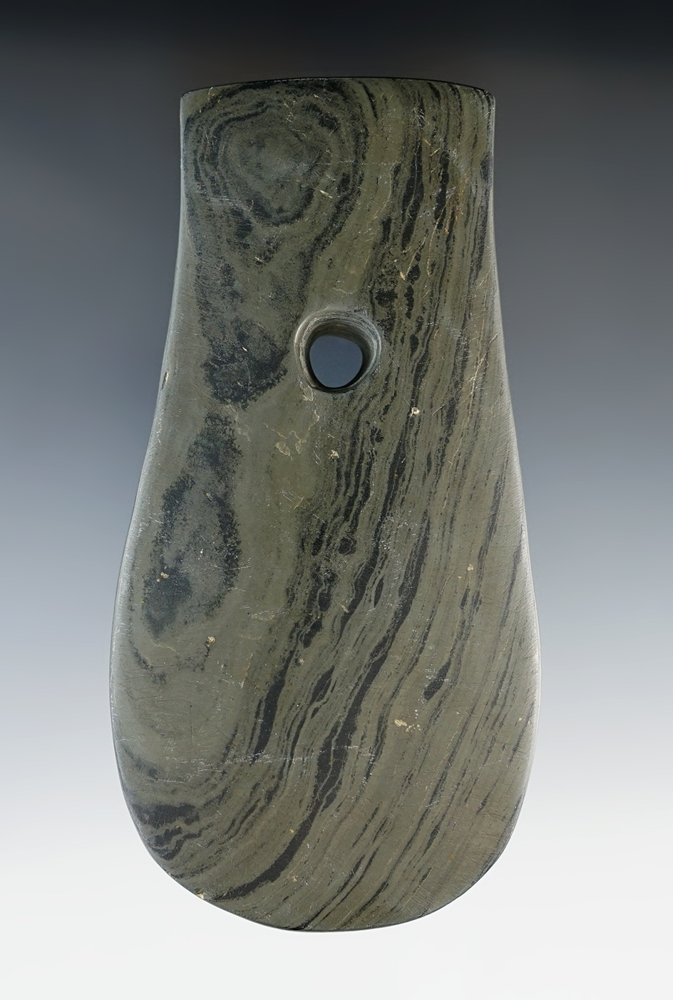 4 5/8" Adena Keyhole Pendant made from green and black Banded Slate. Found in Greene Co., Ohio.