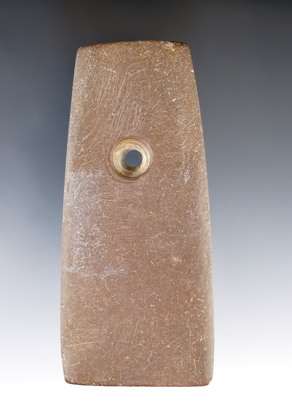 4" Adena Trapezoidal Pendant made from red Slate. Foundin Hardin Co., Ohio. Ex. Hayes, Allen Fout.