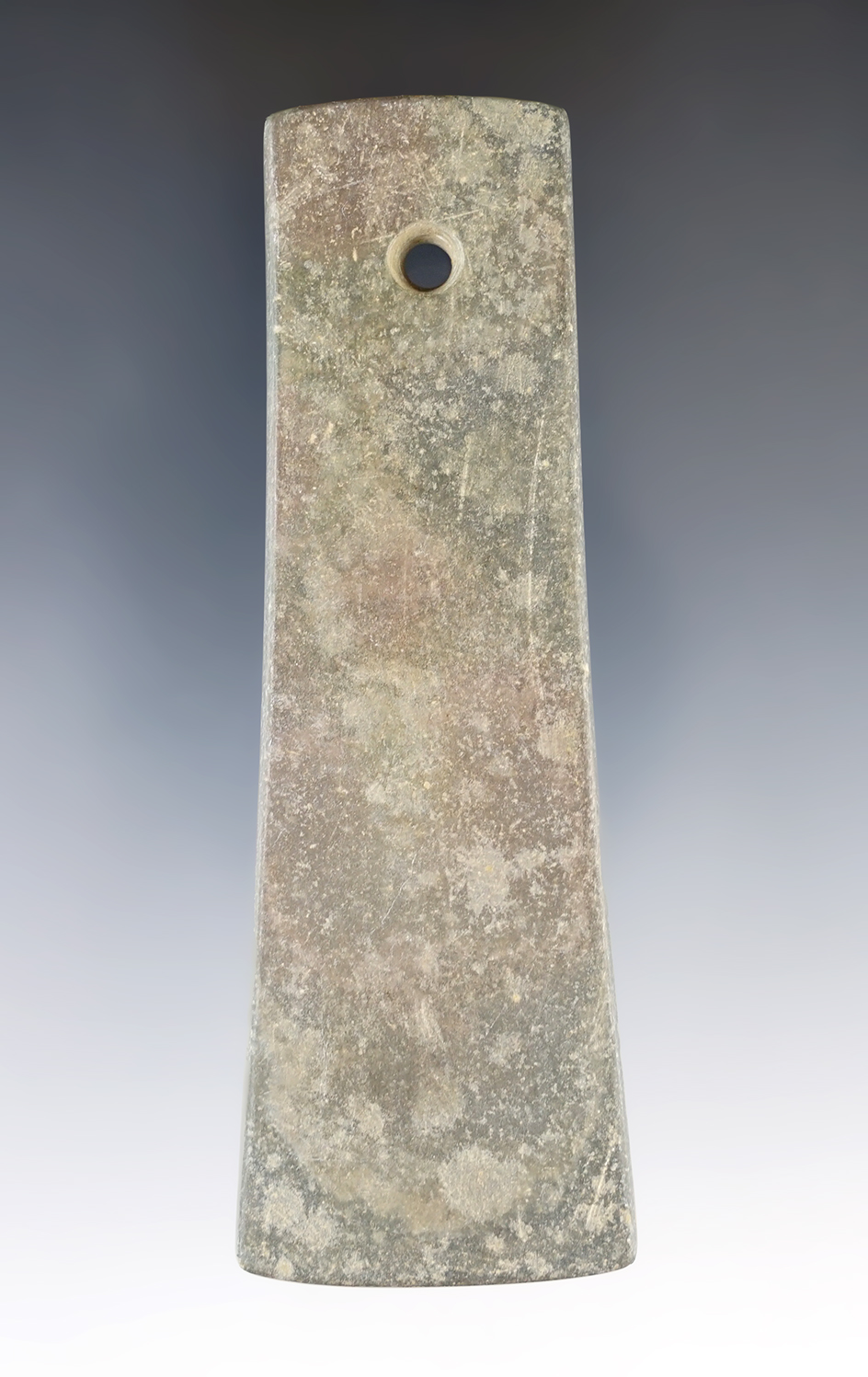 4 1/8" Hopewell Bell Pendant made from green and black Banded Slate. Gilead Twp., Morrow Co., Ohio.