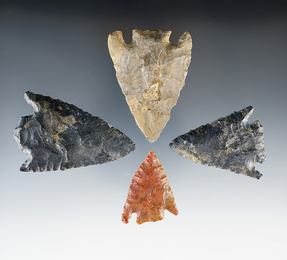 Set of 4 Basal Notch Points found in various Ohio counties. Largest is 2 1/2".