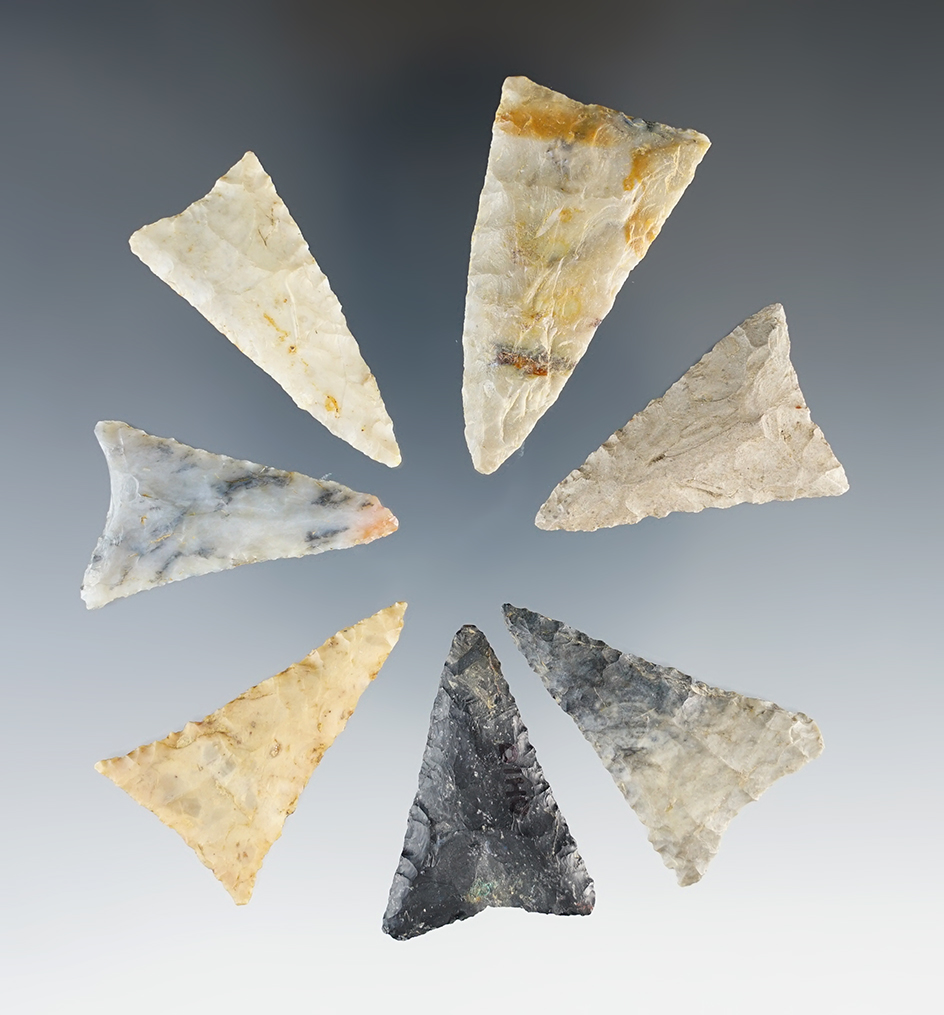 Set of 7 Assorted Triangle Points found in Ohio. Largest is 1 11/16".