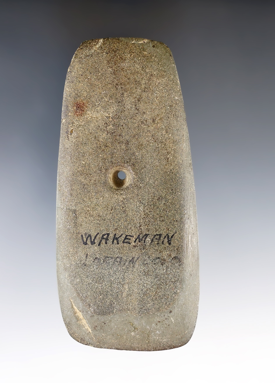 4 1/16" Adena Trapezoidal Pendant found in or near Wakeman, Wakeman Twp., Huron Co., Ohio.