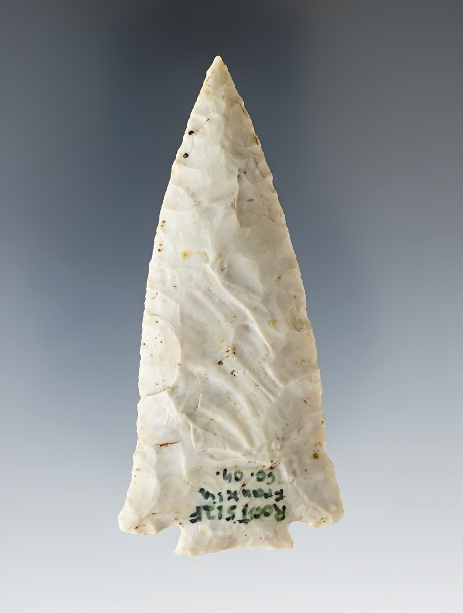 2 13/16" Archaic Decatur Fracture Base made from Flint Ridge Flint. Found in Franklin Co., Ohio.