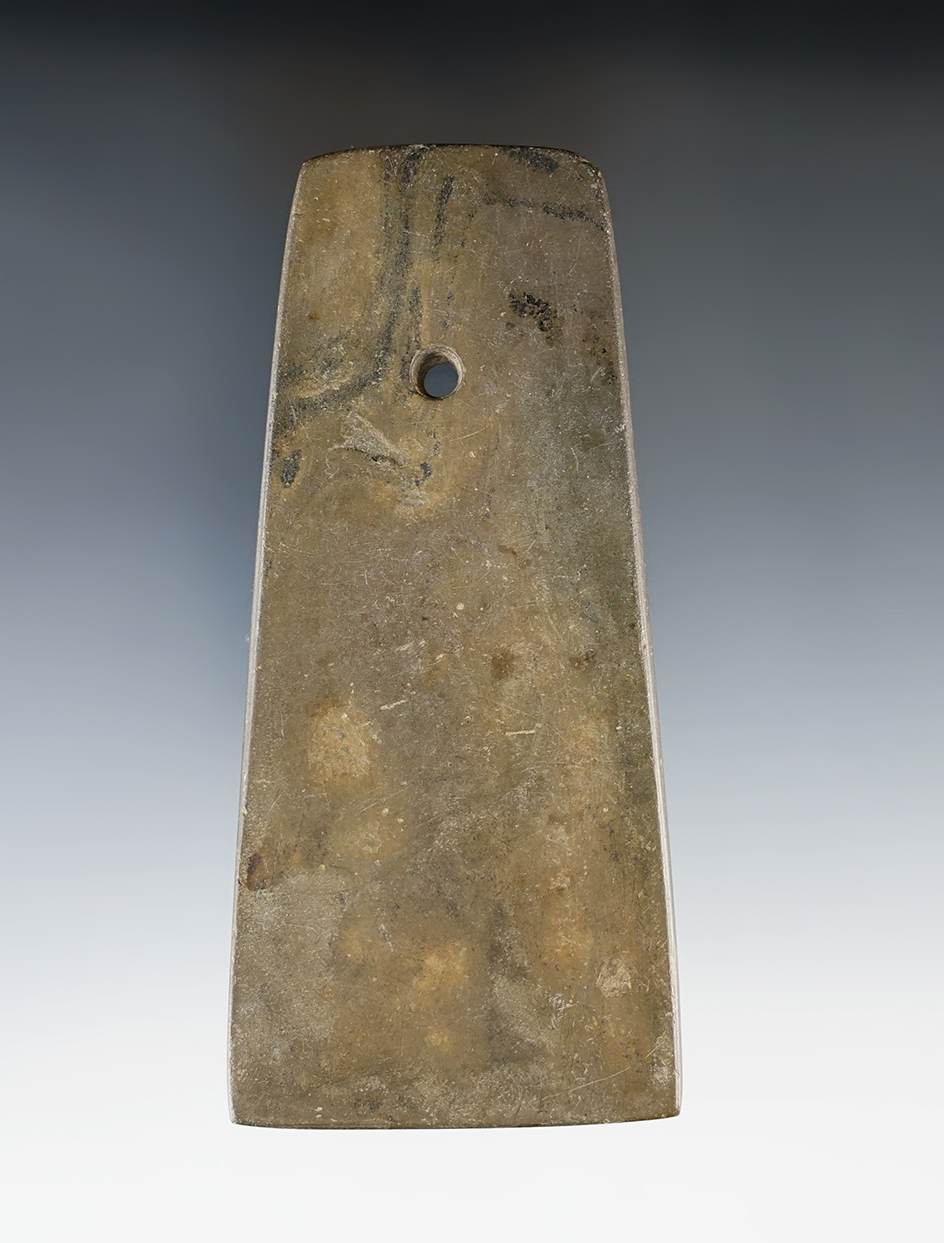 4 3/8" Adena Trapezoidal Pendant made from Mottled Slate with some engraving near hole. Ohio.