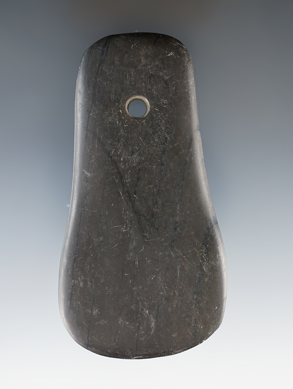 Highly polished 3 9/16" Hopewell Bell Pendant made from red and black Banded Slate. Greene Co., Ohio