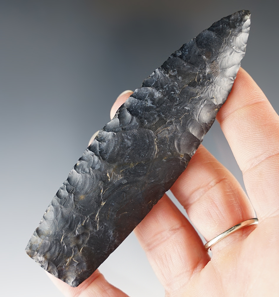 4 1/8" Paleo Lanceolate made from black Coshocton Flint. Found in Coshocton Co., Ohio in 1960.