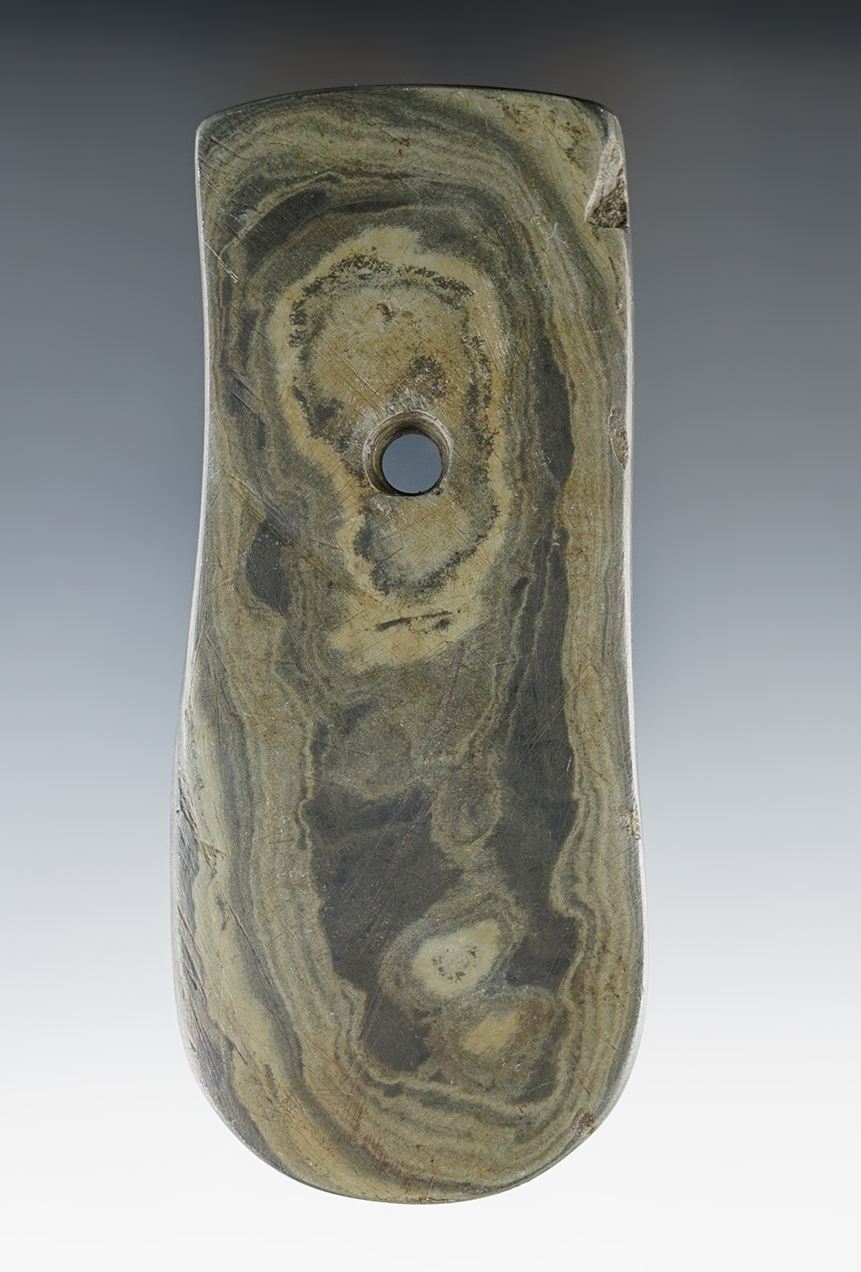 4 5/8" Adena Keyhole Pendant made from beautifully mottled green and black Slate. Stark Co., Ohio.