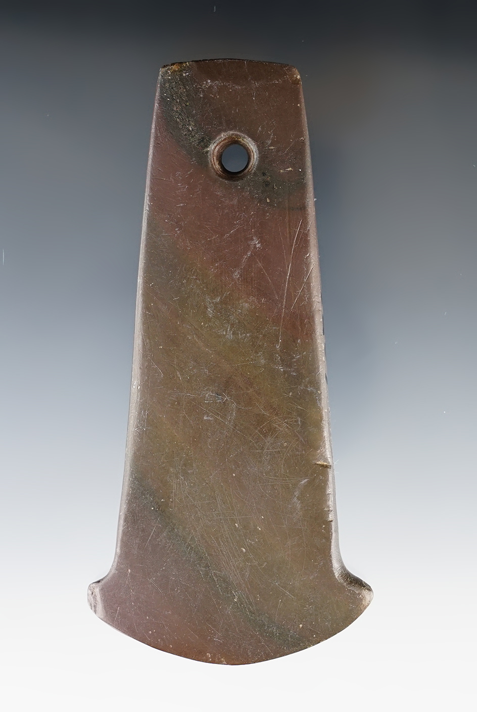 4 5/8" Adena Anchor Pendant made from red and black Banded Slate. Found in Delaware Co., Ohio.