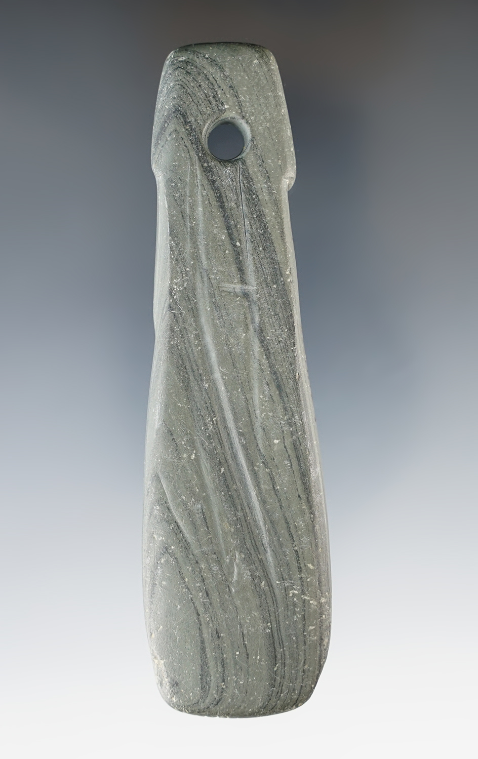 4 1/4" Adena Pendant that is engraved and made from green and black Banded Slate. Athens Co., Ohio.