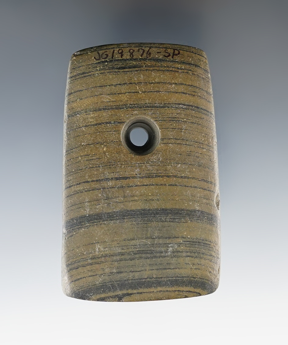 2 15/16" Adena Rectangular Pendant found in  Crawford Co., Ohio. Pictured in Who's Who #2, page 83.