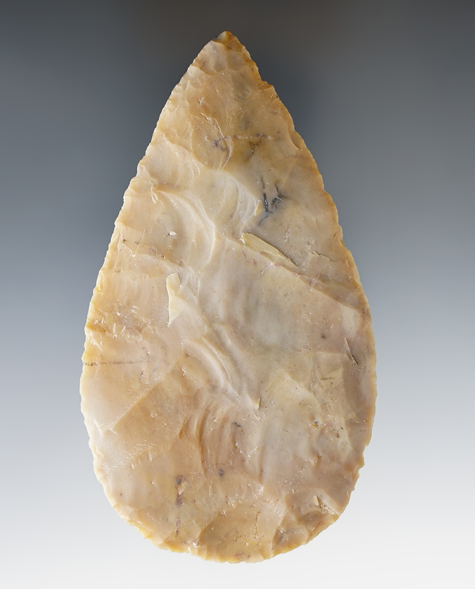 4 1/8" Adena Oak Shade Cache Blade made from Flint Ridge Flint. Found in Fulton Co., Ohio.