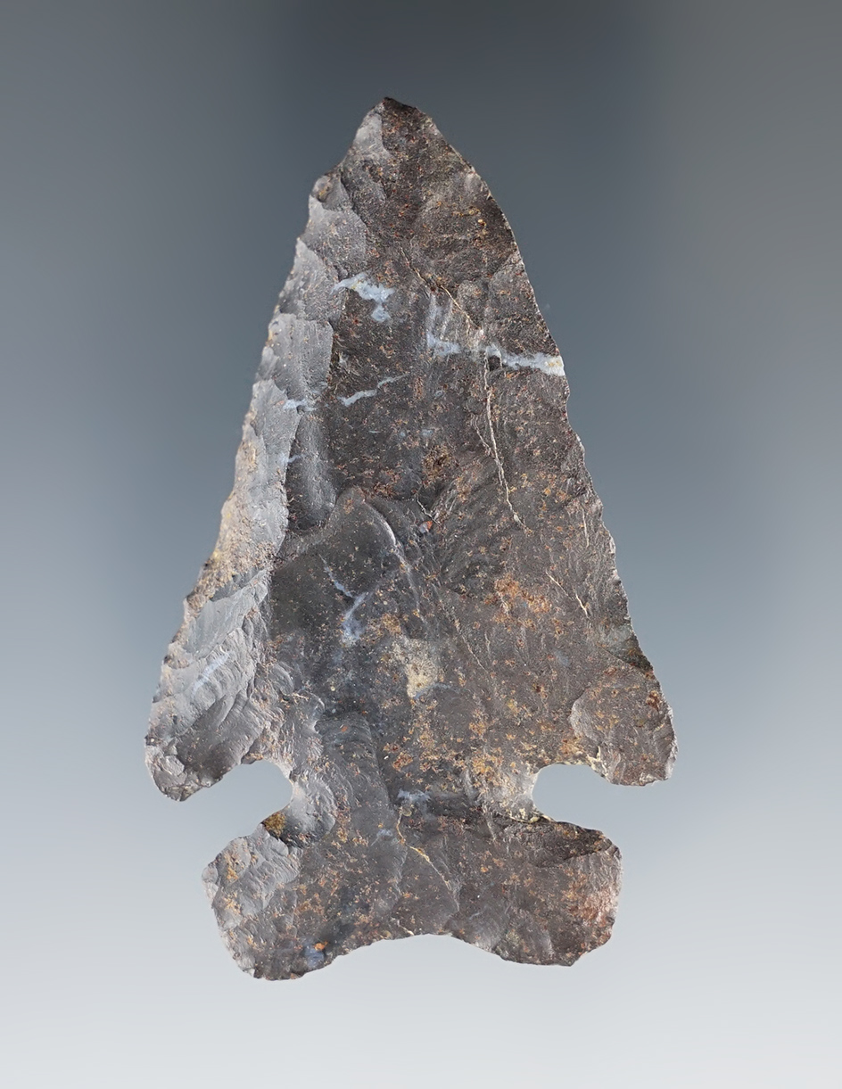 2 9/16" Archaic Thebes made from Coshocton Flint, found in Ohio. Ex. Paul Snider Collection.
