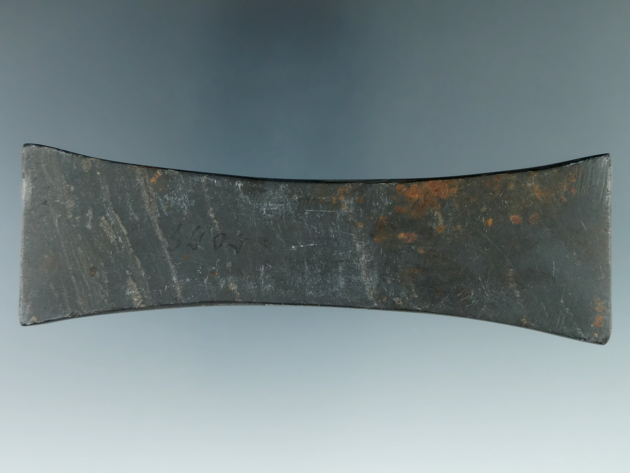 4 9/16" Undrilled Hopewell Bi-Concave Gorget made from Banded Slate, found in Medina Co., Ohio.
