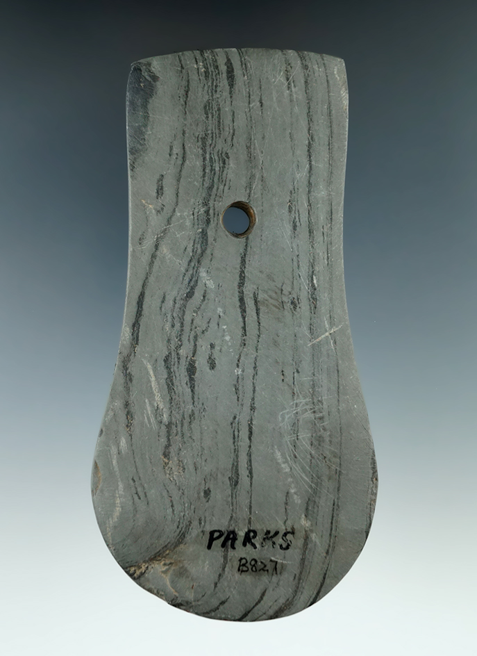5 7/16" Adena Keyhole Pendant made from banded Slate, found in Delaware Co., Indiana. Pictured.