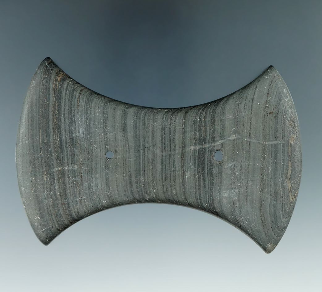4" Adena Bi-Concave Gorget made from beautifully Banded Slate, found in Auglaize Co., Ohio. Pictured