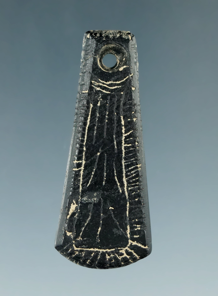 Miniature 1 7/8" Mississippian Teardrop Pendant that is heavily engraved -Cannel Coal.  Adams Co., O