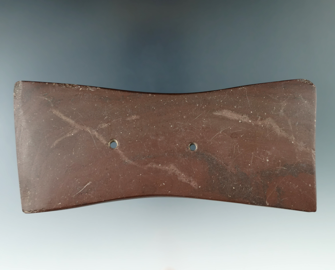 Very fine 6" Adena Bi-Concave Gorget made from red and black Banded Slate, found in Perry Co., Ohio.