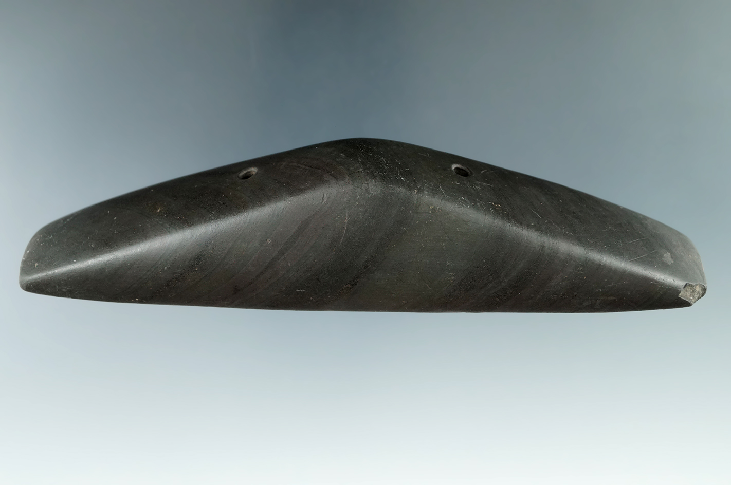 5 9/16" Woodland Keeled Gorget found in Sandusky Co., Ohio made from Banded Slate.  Ex. Vietzen.